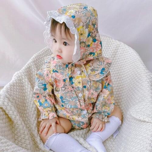 2021 Cute Floral Newborn Baby Girls Clothes Set Long Sleeve Rompers Jumpsuits+Lace Hat Infant Clothing Set Kids Costume Outfits