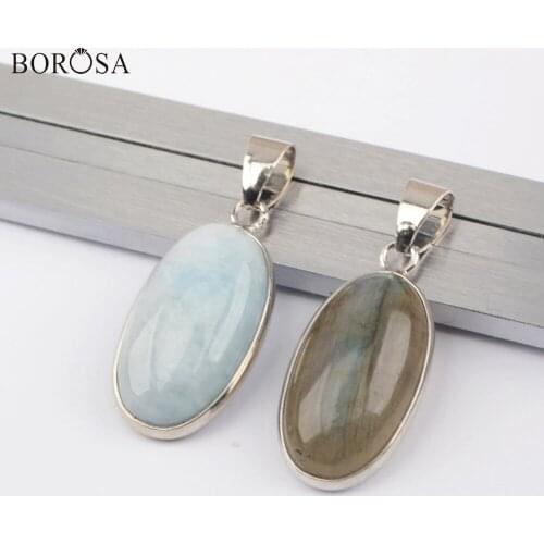 5/10Pcs Oval Natural Stones Pendant for Silver Color Necklace Labradorite Pendant Blue Chalcedonies Beads for Necklace WX1523