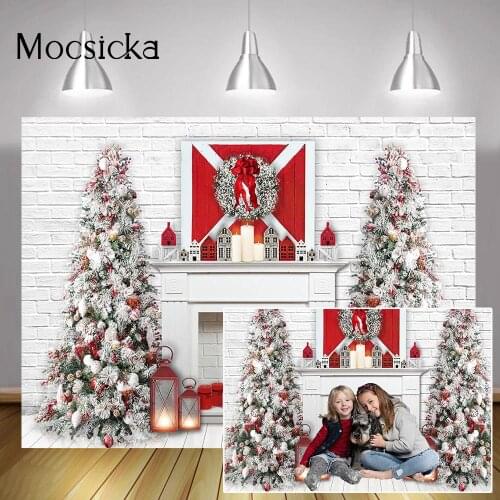 White Christmas Fireplace Photo Backdrop Brick Wall Winter Xmas Trees Portrait Background Candles Lamp Red Wreath Photography