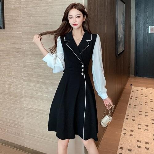 COIGARSAM Women One Piece Korea Dress 2021 New High Waist Black Dresses Traf Robe Vestidos