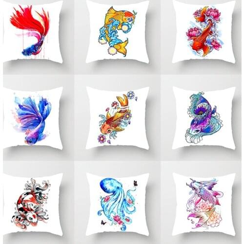 Decorative Pillowcase Watercolor fish Cushion Cover 45x45 Polyester Throw Pillow Sofa linen Cushions Home Decor Pillowcover