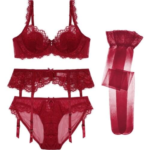 Sexy Lace Underwear Set Bra+ Panties+ Stockings+Garter+4 Piece Set For women Lingerie