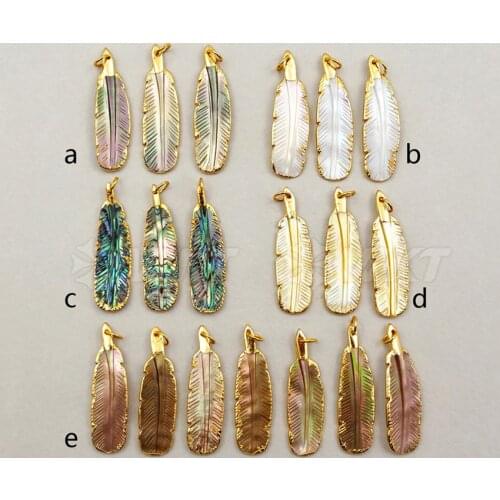 WT-P1242 Wholesale natural mini sea shell carved pendant High quality feather shape with gold plating for trinket jewelry making