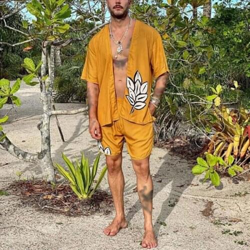 Mens Hawaiian Print Lapel Short Sleeve Shirt Set Mens Fashion Tropical Rainforest Shorts Mens Beach Shirt Set Two-piece S-3XL