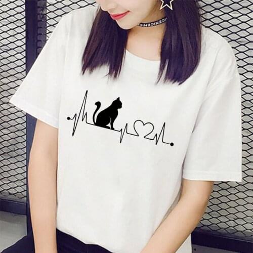 New Women white T-shirts Casual Harajuku animal Heartbeat Printing Tops Tshirt Summer Female Short Sleeve T shirt For Clothing