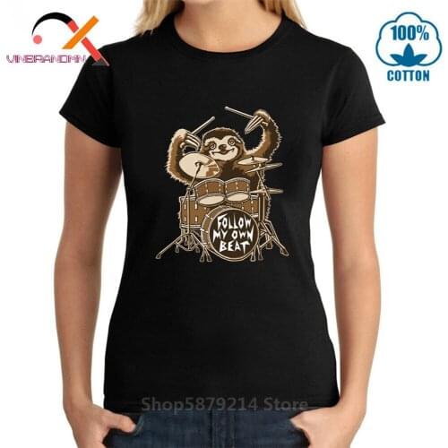 Parody sloth playing drums T shirt woman Funny Follow my own beat T-shirt Cute Sloth Cartoon animal print Tee shirt camiseta