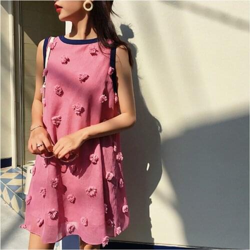 Summer Sleeveless Dresses Women Pink Floral Appliques Sweet Woman Young Ladies Woman Party Holiday Vestidos Dresses SY082