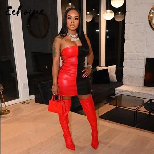 Sexy PU Leather Patchwork Hollow Out Bandage Strapless Dress Women Summer Beach Street Club US Style Short Dress