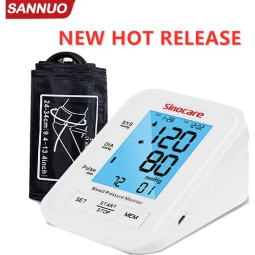 Sinocare Blood Pressure Monitor Tensiometer Upper Arm Automatic Digital BP Machine Pulse Heart Rate Meter 3 Color LCD Display