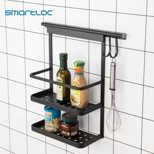 Smartloc Iron Wall Mounted Kitchen Storage Rack Hooks Seasoning Box Organizer Pot Cover Container Shelf Knife Folk Drain Drying