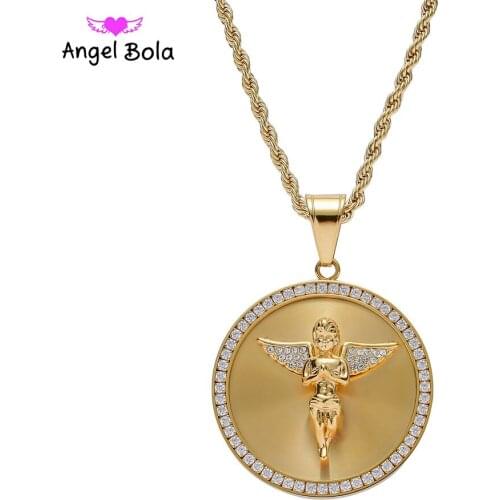Stainless Steel Rhinestone Round Angel with Wing Pendants&Necklace Men Women Jewelry Gifts Round Necklace Bling Jewelry