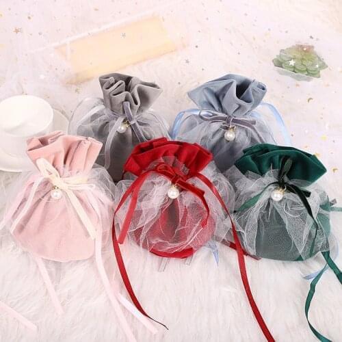 1Pcs Luxury Drawstring Velvet Gift Bags With Gauze&Pearl Jewelry Velvet Pouches Christmas Decor Wedding Favor Gift Wrapping
