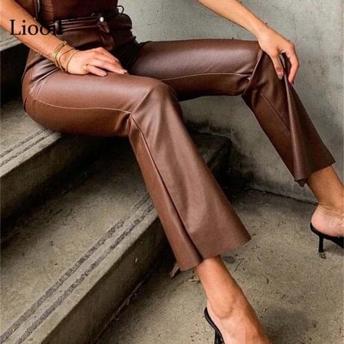 Vintage Leather Pants Women Straight Leg High Waist Pants Autumn Casual Streetwearl Pockets Faux Leather Trousers Winter 2021