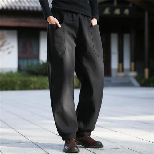 Women Winer Cotton Linen Solid Color Elastic Waist Pants Ladies Casual Thick Pants Female Warm Pants Trousers