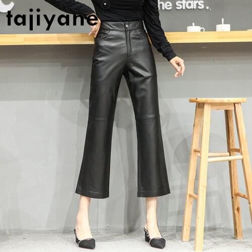Streetwear Real Women Sheepskin Pants Woman 2021 Fall Fashion Leather Flare Pants Womens Trousers Pantalon Femme TN1303