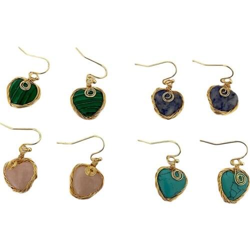 Handmade Boho Natural Bead Heart Stone Shaped Wrapped Design Earrings Filigree Brass Wire Wrapping Women Earrings