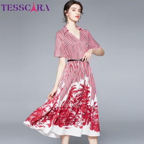 TESSCARA Women Summer Elegant Red Dress Festa High Quality Long Vintage Office Party Robe Femme Runway Designer A-Line Vestidos