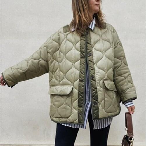 ZXQJ Women Green Quilted Parka 2021 Autumn Winter Fashion Ladies Oversize Loose Cotton Jacket Female O Neck Long Sleeve Coat