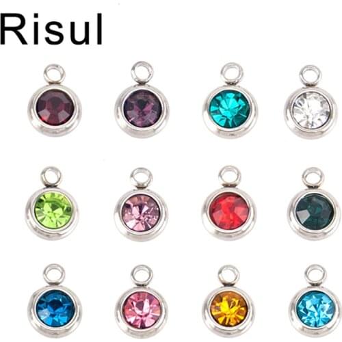 100% Stainless Steel Birthstones Charms For Jewelry Making 6mm Metal Colorful Crystal Charm Geboortestenen Wholesale 12pcs/lot