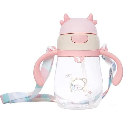 450ml Children Bottle with Lanyard Double Handles Transparent Water Drinking Straw Bottle for Travel