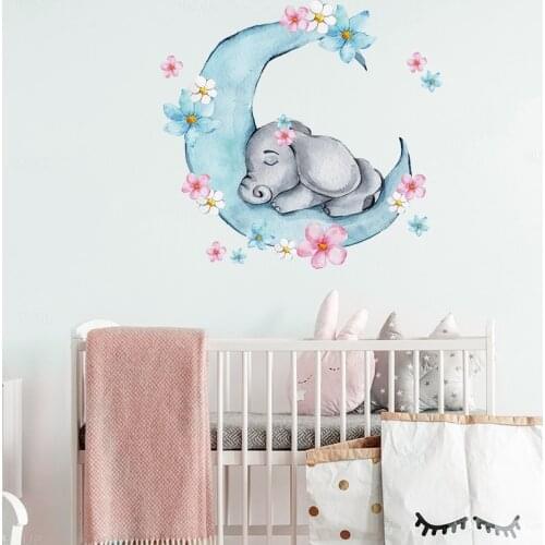 Watercolor Sleeping Baby Elephant on the Moon Wall Stickers With Flowers for Kids Room Baby Nursery Room Wall Decals Room PVC
