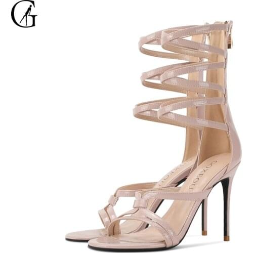 GOXEOU Womens Sandals Nude Patent Leather Cross Strap Zip Round Toe High Heels Party Ball Fashion Ladies Shoes Size 32-46