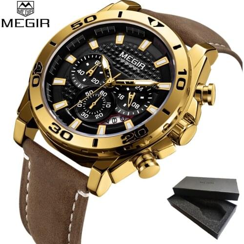 2019 MEGIR Quartz Men Watches Fashion Leather Chronograph Watch Clock Men Male Students Reloj Hombre Relogio Masculino Gift box