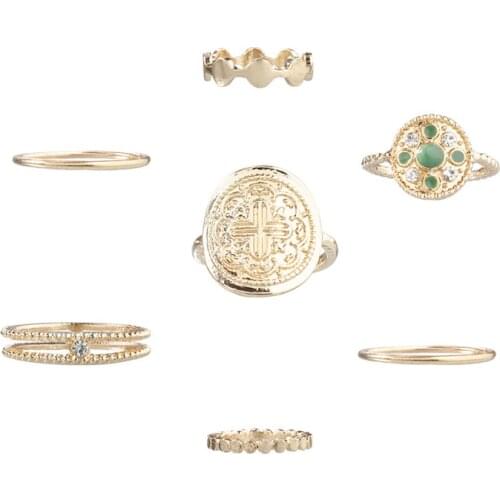 GIVVLLRY 7pcs/set Geometric Ethnic Ring Set Fashion Jewelry Vintage Crystal Cross Chic Totem Knuckle Rings for Women Jewelry