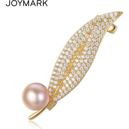JOYMARK High Quality Exquisite Zircon Pave Leaf Shape Natural Pearl S925 Sterling Silver Women Brooches Christmas Gift JPPB207