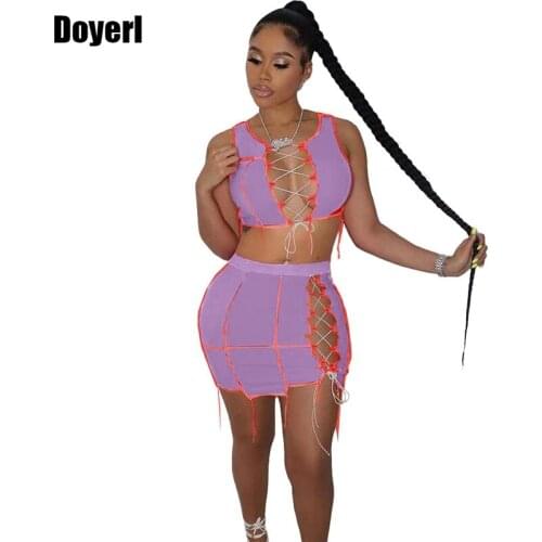 Sexy Two Piece Set Club Outfits for Women Night Party Festival Clothing Lace Up Crop Top and Bodycon Skirt Set Summer Co Ord Set