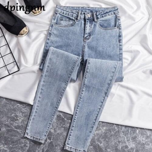 Korean womens Jeans Cotton Stretch Black Jeans Womens Slim Tight High Waist Irregular Nine Feet Nine Pants Womens Jeans