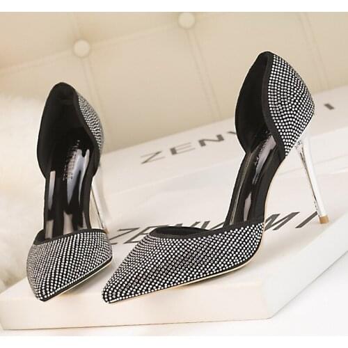 Mariahzheng Fashion Womens Shoes Super High Heels Shallow Mouth Pointed Sparkling Rhinestone Hollow High Heel Womens Shoes ZWM