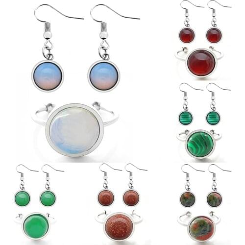 Natural Stone Womens Jewelry Set Fashion Stainless Steel Earrings Ring Set for Women Handmade Opal Red Agate Party Wedding Gift