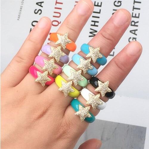 Neon Enamel Shiny Star Zircon Open Ring For Women,Copper Gold Plated Chunky Finger ring Engagement wedding jewelry Gift