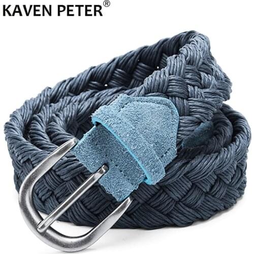 Suede Leather Braided Belt With Wax Rope Knitted Without Holes Cotton Weave Blue Belts Handwork Belts From 30" to 47"