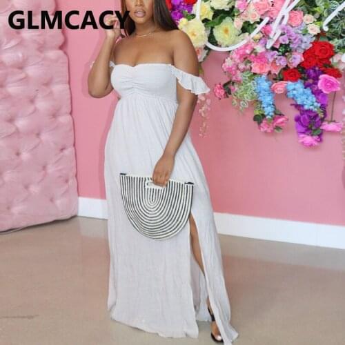 Off Shoulder Casual Solid Dress Sweet Slit Maxi Dresses