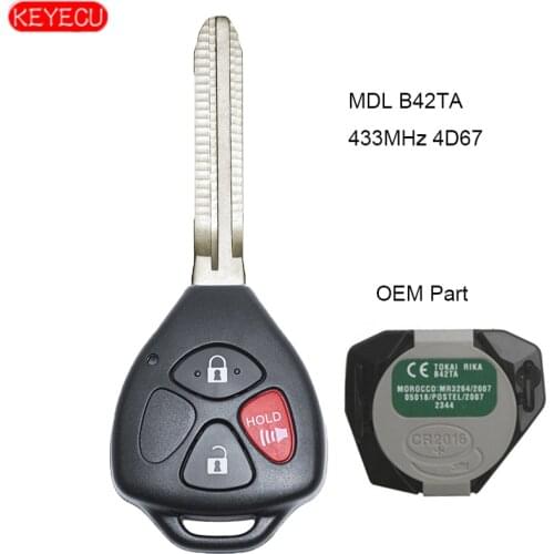 KEYECU Remote Key 3 Button 433MHz 4D67 Chip FOB for 2005-2008 Toyota Hilux FCC ID: MDL B42TA