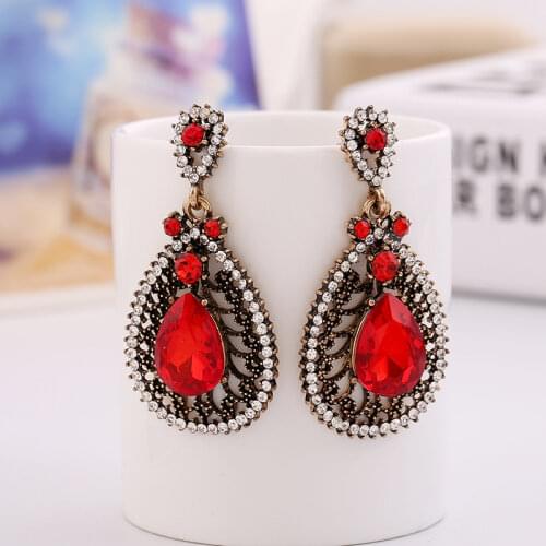 Hot Red Chunky Stone Pendants Earrings for Women Vintage Antique Gold Black Green Bohemia Earrings Fashion Jewelry