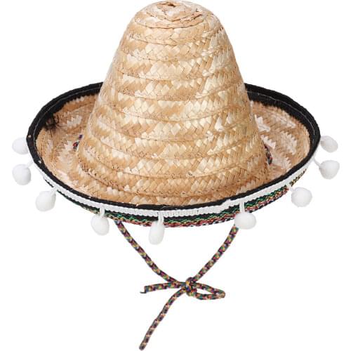Pompom Hat Mexican Straw Hat Hawaiian Style Dressing Props Party Supplies Birthday Gift Decoration 60CM (Grass Color)