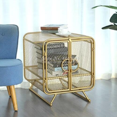 Nordic Golden Iron Bookcase with Door Storage Rack Bookshelf Bedroom Wire Mesh Nightstands Bookcases Console Tables Book Shelf