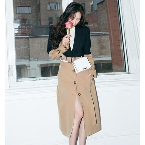 Spring And Autumn Super Star Khika Trench Coat for Women Under-knee Windbreaker With Belt