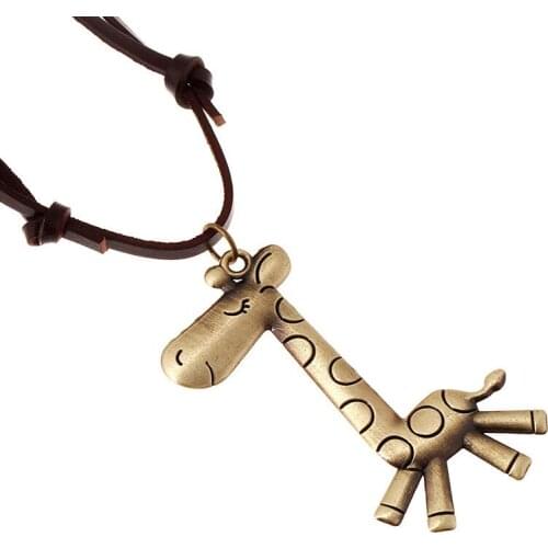 Vintage Retro Pendant Long Necklace Chain Alloy Giraffe Charm Adjustable Leather Statement Choker Men Women Fashion Jewelry Gift