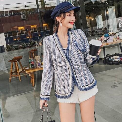 Autumn winter new striped tweed Weave short jacket tassel pearl buckle top women striped Tweed jacket coats and jackets women