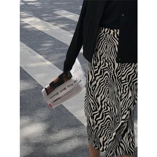 Women Zebra Print Skirt Straight-Fit Elastic Waist Back Split Midi Length Vintage Woman Skirts Wild Temperament Plaid Skirt