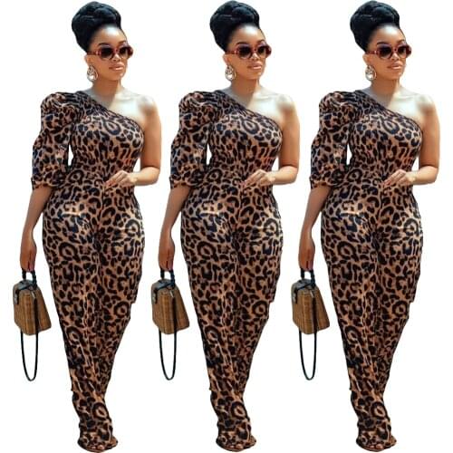 Leopard Digital Printing Women Jumpsuits Sexy One Shoulder Half Sleeves Ruched Straight Party Rompers 2020 New Arrived Long