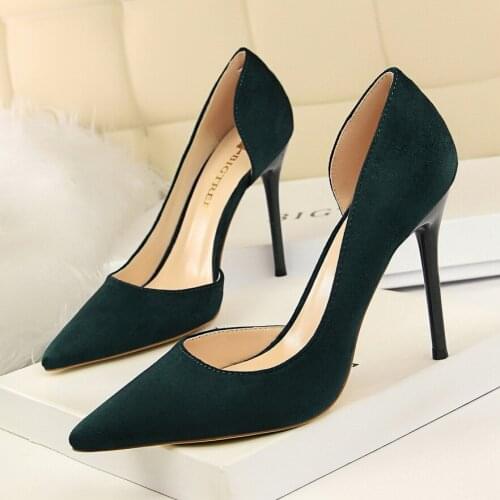 2020 spring and autumn new pointed wild side girl suede stiletto heel black womens shoes