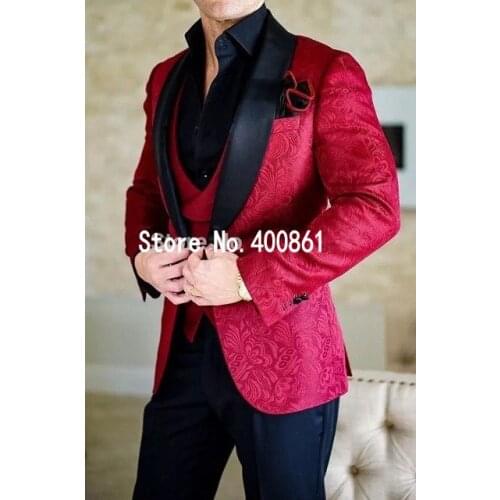 Hot Sale One Button Wine Paisley Groom Tuxedos Shawl Lapel Groomsmen Mens Wedding Prom Suits (Jacket+Pants+Vest+Tie) NO:103