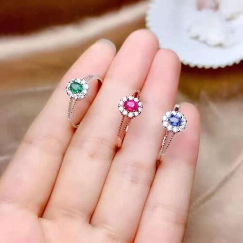 Natural Ruby Emerald Sapphire Delicate Flower Pattern Ring S925 Silver Fine Fashion Charm Wedding Jewelry for Women Free Shippin