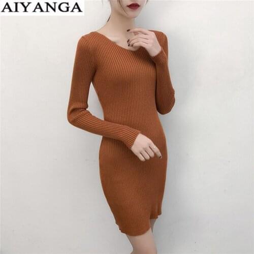 New Knitted Dress For Women 2019 Spring Casual Fashion Elastic Dresses Female V-Neck Knee-Length Straight Dress Party Dresses