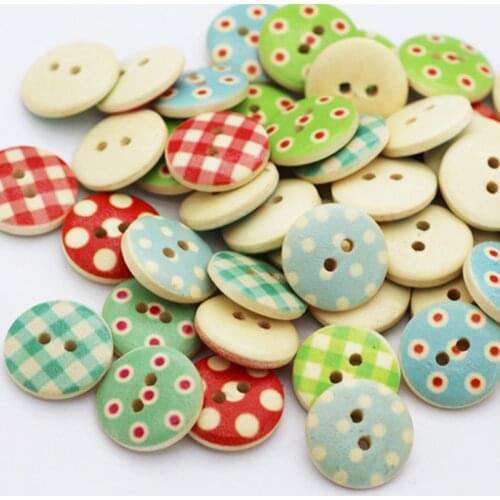 100pcs 1.5cm Round Lattice Painted Wood Button Children Cartoon Wooden Buttons 2 Hole Handmade DIY Sewing Clothing Accessories